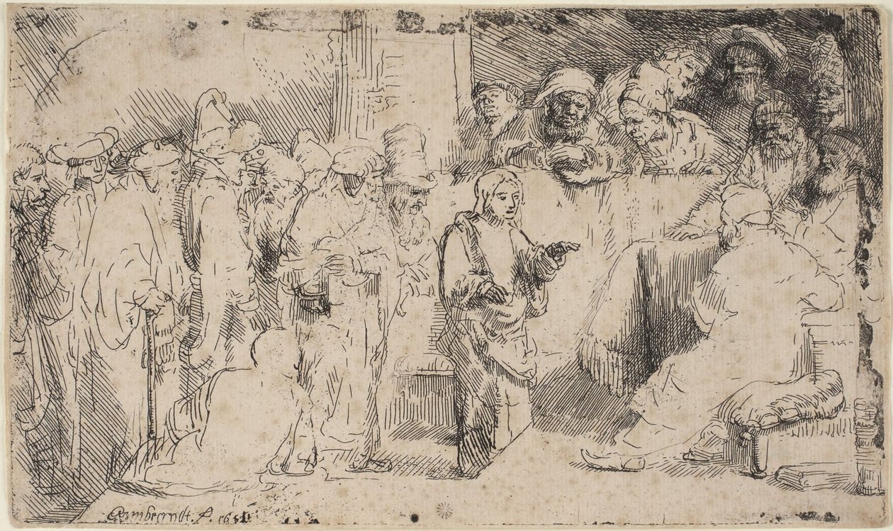 Kristus i diskussion med de skriftlärda: En skiss av Rembrandt van Rijn