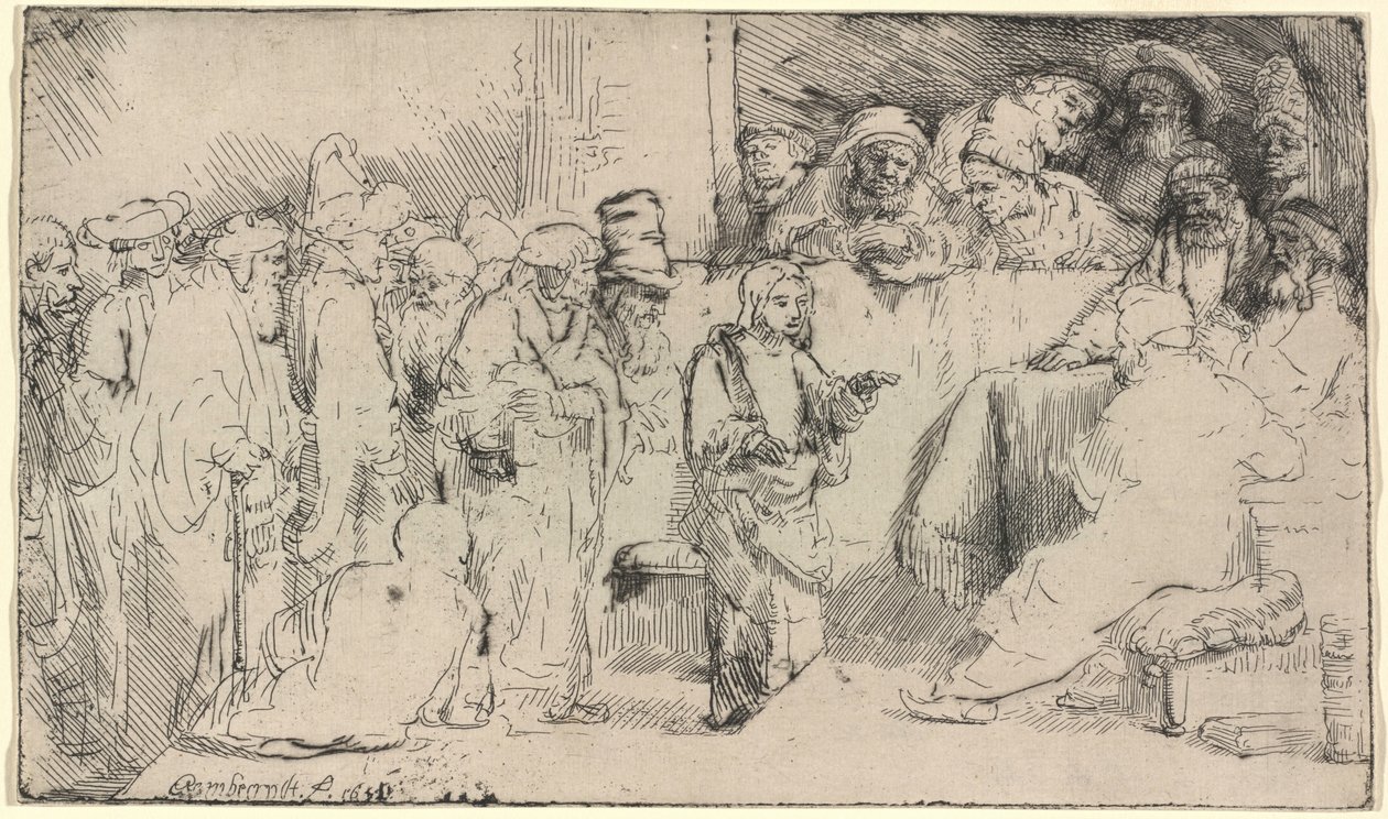 Kristus i diskussion med de skriftlärda: en skiss av Rembrandt van Rijn