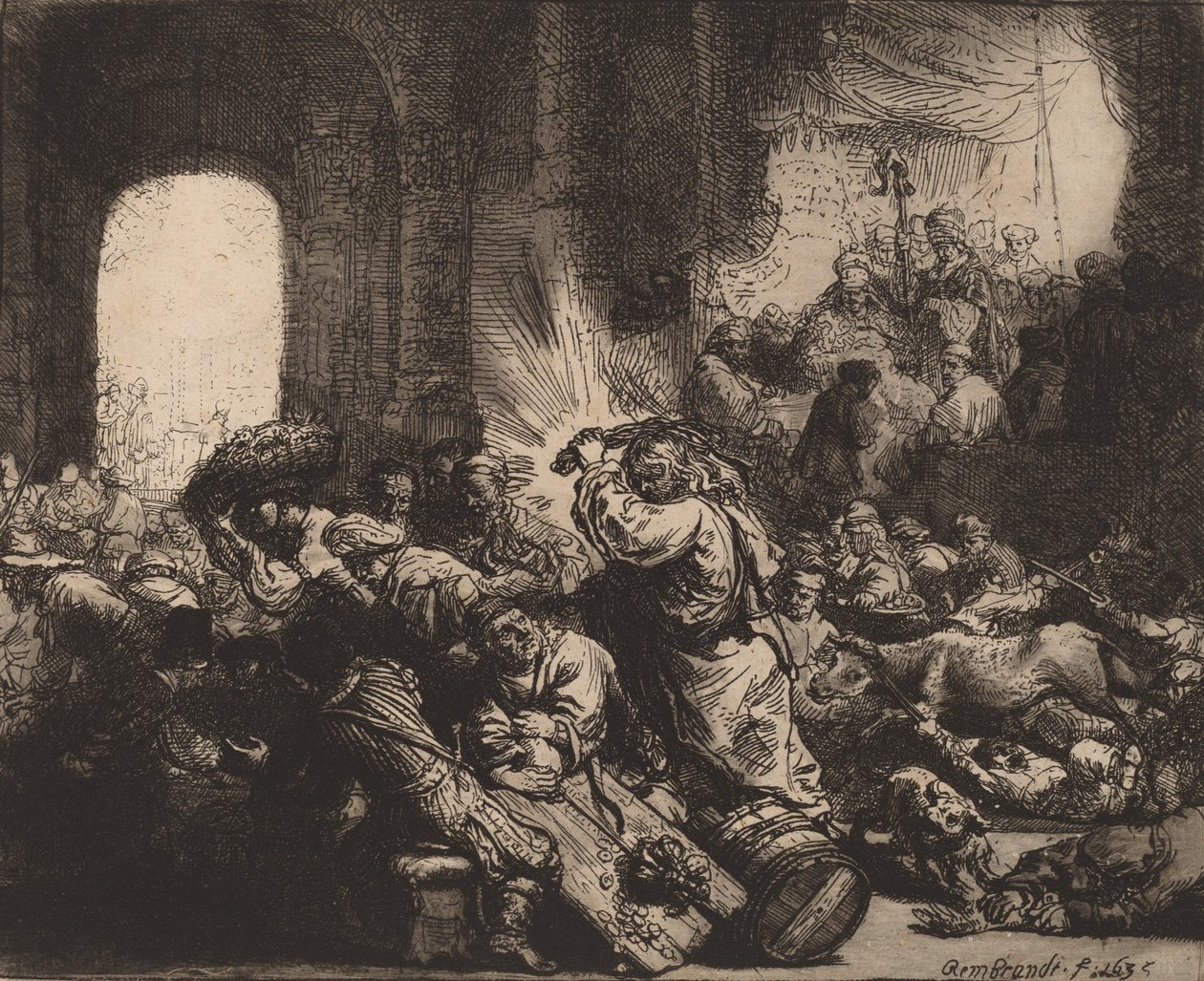 Kristus driver växlarna från templet, 1635. av Rembrandt van Rijn