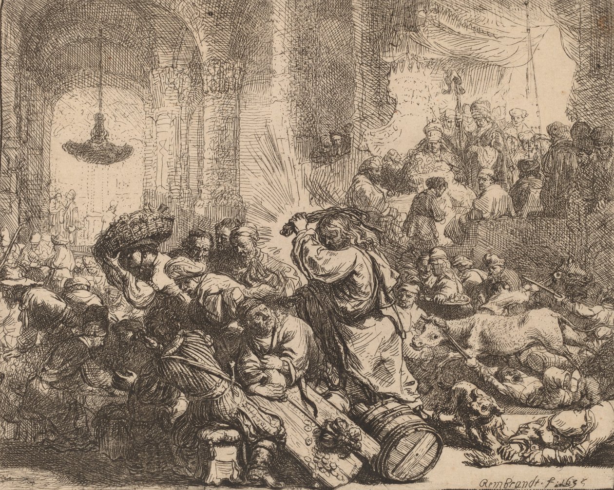 Kristus driver växlarna från templet, 1635. av Rembrandt van Rijn