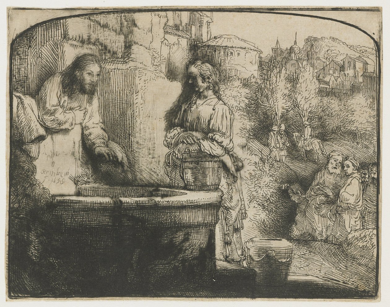 Kristus och Samariens kvinna Kristus och kvinnan i Samaria: ett välvt tryck av Rembrandt van Rijn