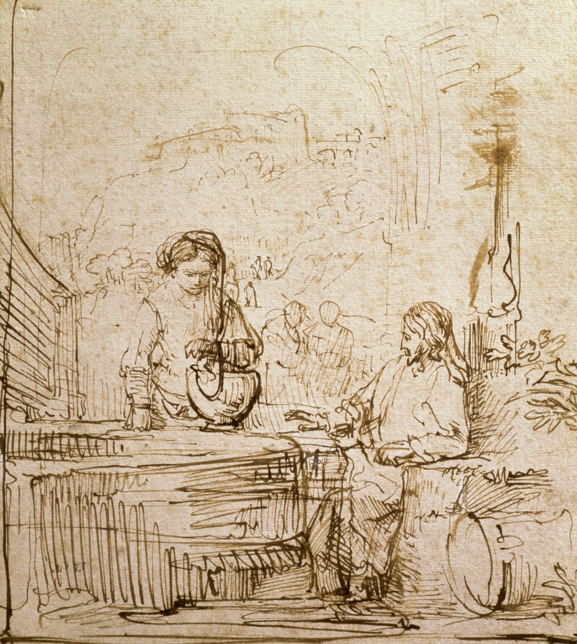 Kristus och Samariens kvinna (penna och brunt bläck på papper) av Rembrandt van Rijn
