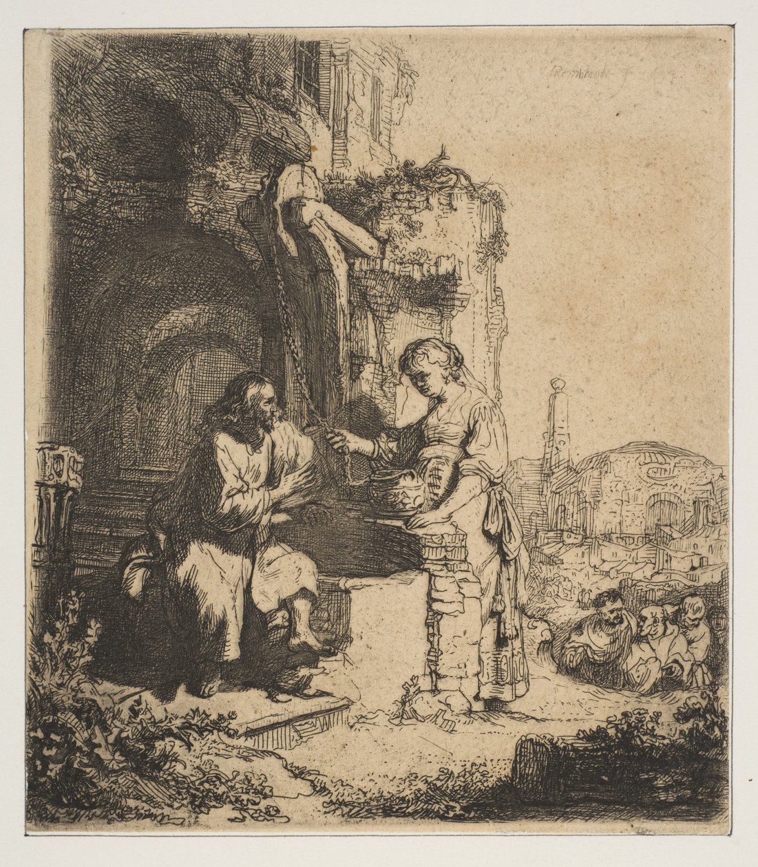 Kristus och Samariens kvinna bland ruiner. av Rembrandt van Rijn