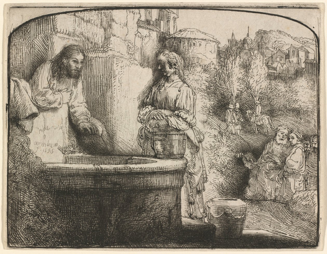 Kristus och kvinnan från Samarien: en tryckt bild med bågformad ram av Rembrandt van Rijn