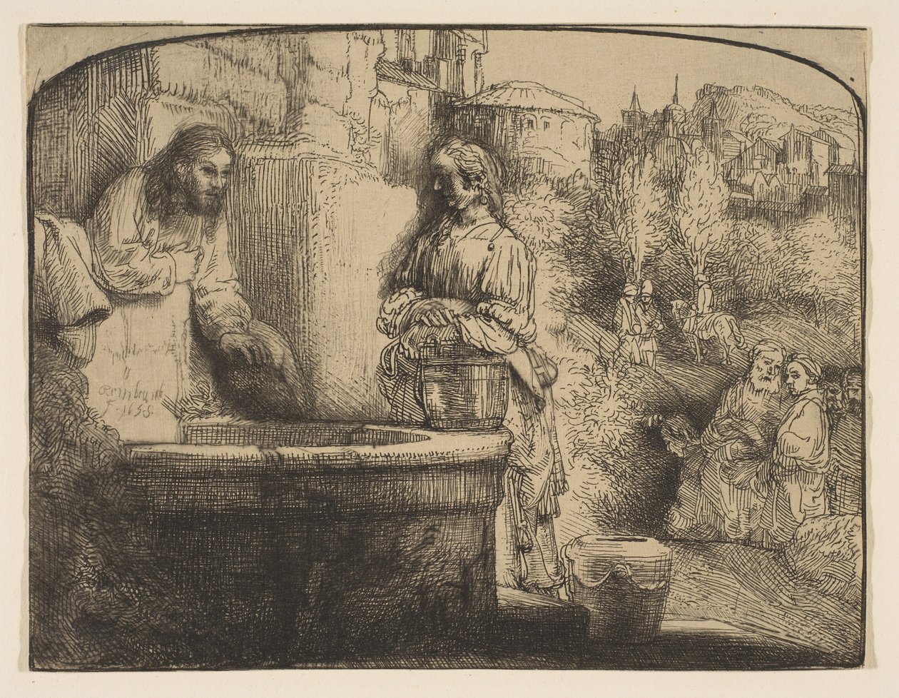 Kristus och kvinnan i Samaria: ett välvt tryck, 1658. av Rembrandt van Rijn