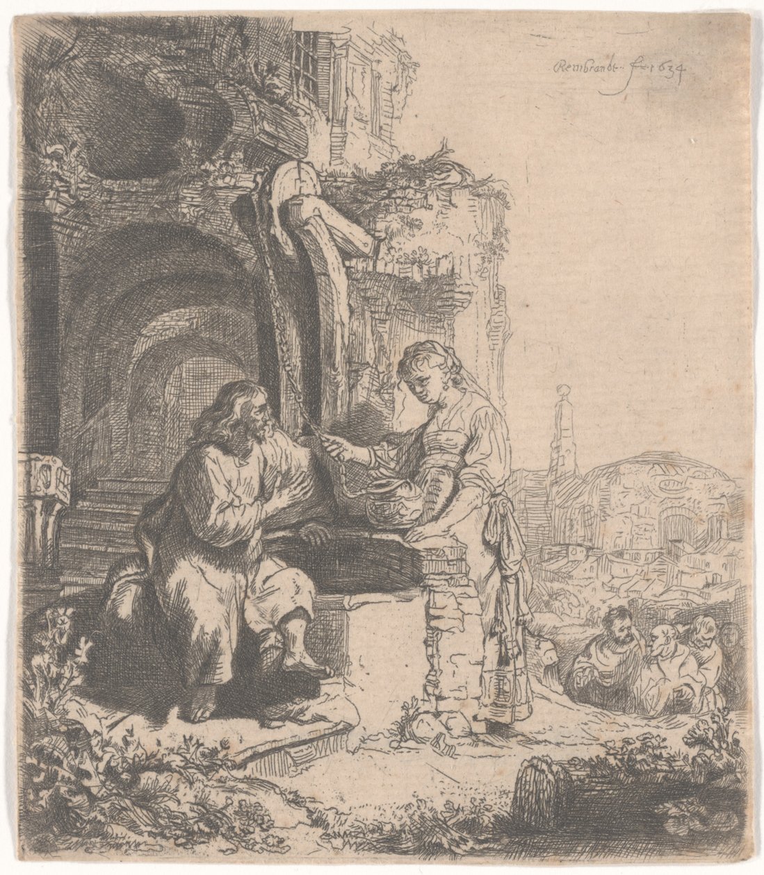 Kristus och kvinnan i Samaria bland ruiner, 1634 av Rembrandt van Rijn