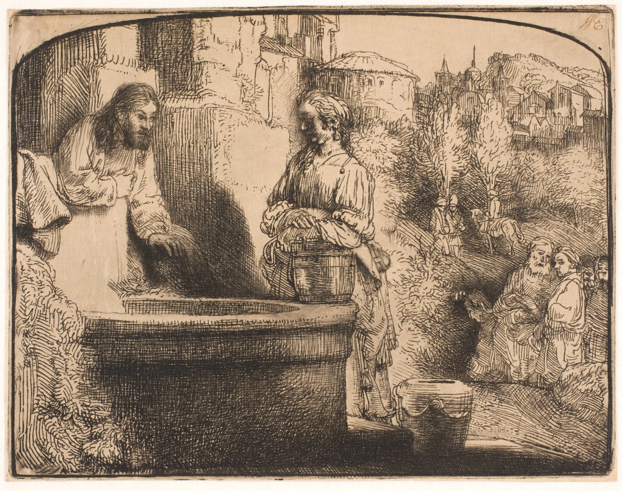 Kristus och kvinnan i Samaria: ett välvt tryck av Rembrandt van Rijn