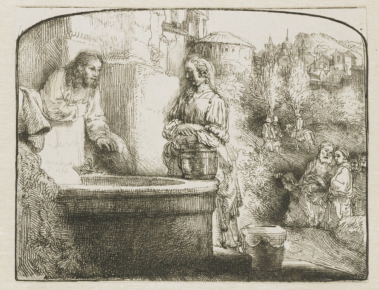 Kristus och kvinnan i Samaria: ett välvt tryck av Rembrandt van Rijn