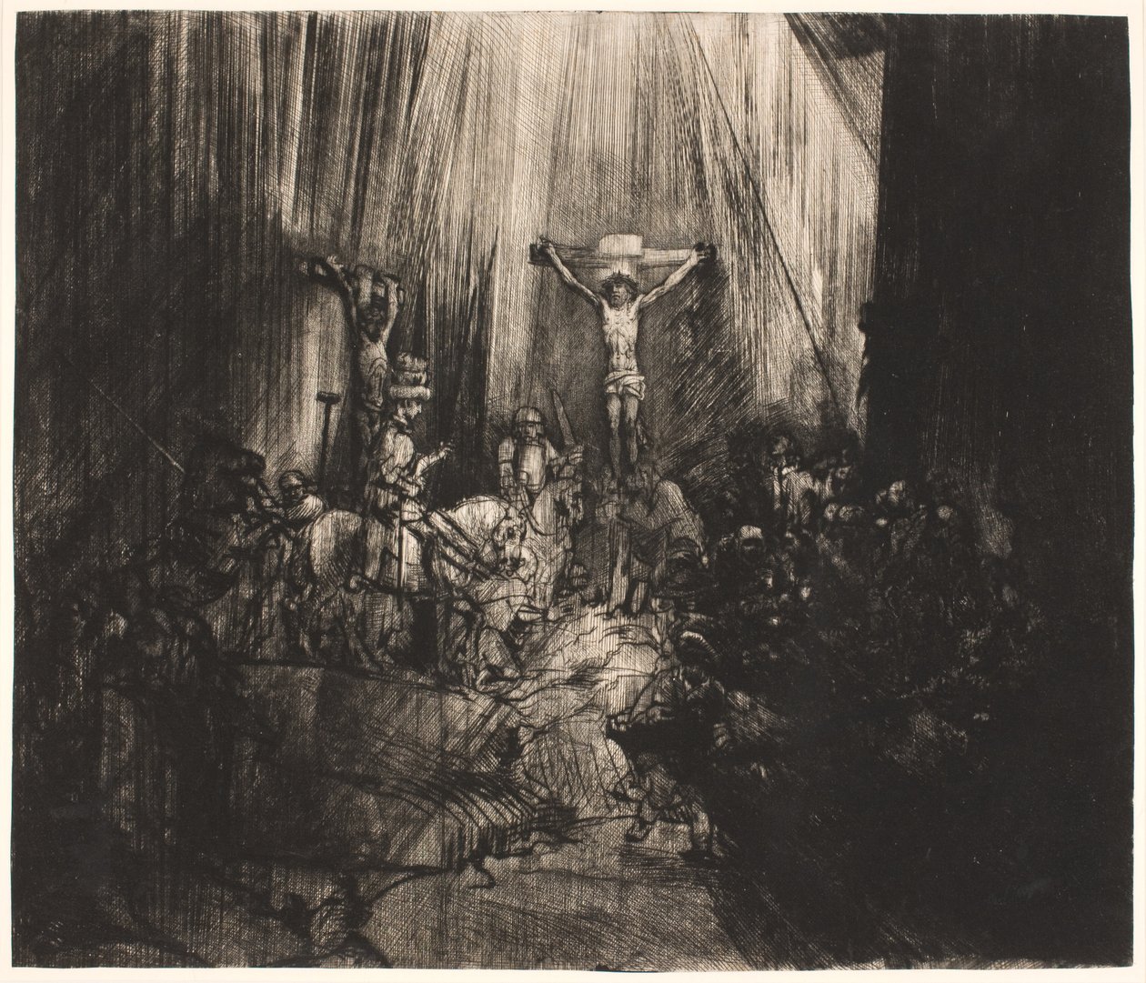 Kristus korsfästes mellan de två tjuvarna: stor avlång platta ("de tre korsen") av Rembrandt van Rijn