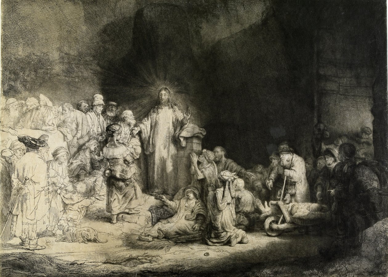 Kristus helar de sjuka: "Trycket med hundra gulden", c1649 av Rembrandt van Rijn