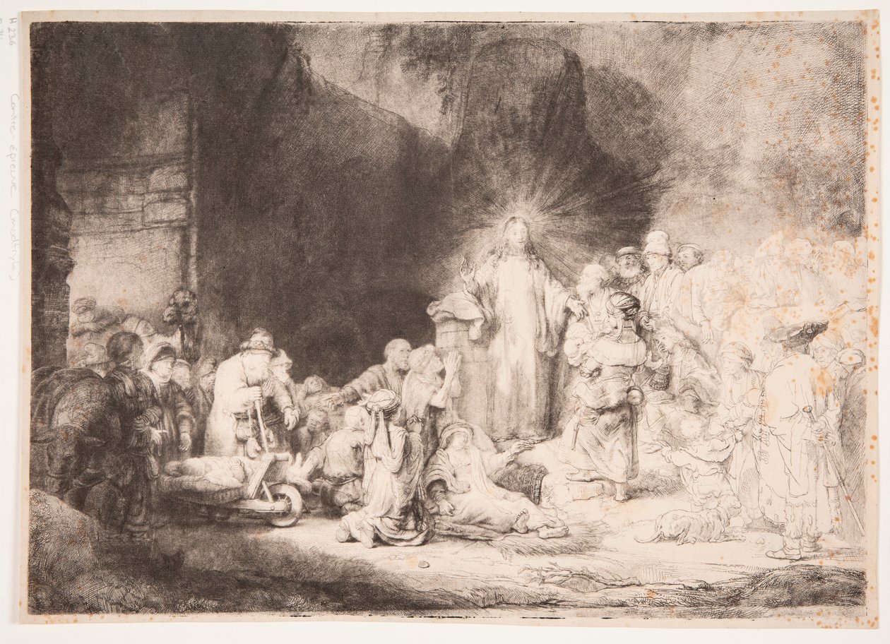 Kristus omgiven av sjuka, som tar emot små barn (”Hundra-gulden-trycket”) av Rembrandt van Rijn