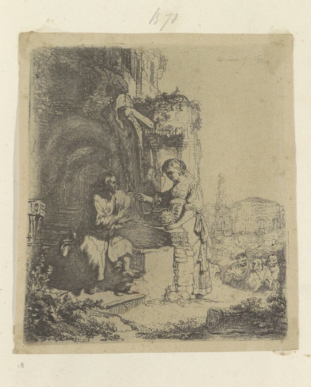 Kristus och den samaritanska kvinnan: ruiner i bakgrunden Recueil de quatre-vingt-cinq estampes originales (serietitel) av Rembrandt van Rijn