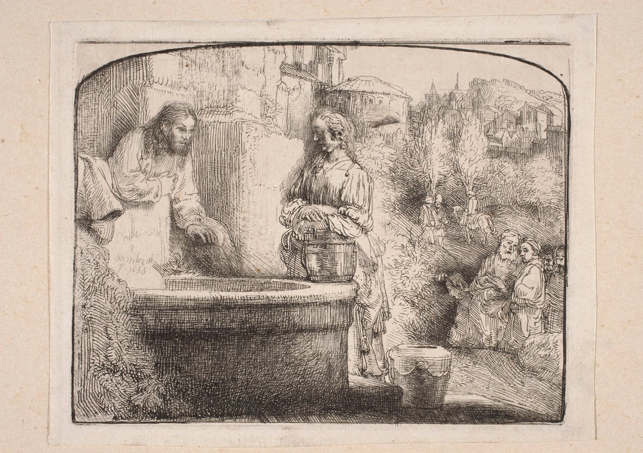 Kristus och den samariska kvinnan (Komposition som avslutas med en båge upptill) av Rembrandt van Rijn