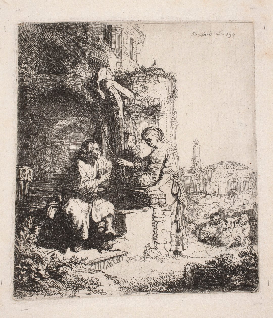 Kristus och den samariska kvinnan bland ruinerna (vertikal illustration) av Rembrandt van Rijn