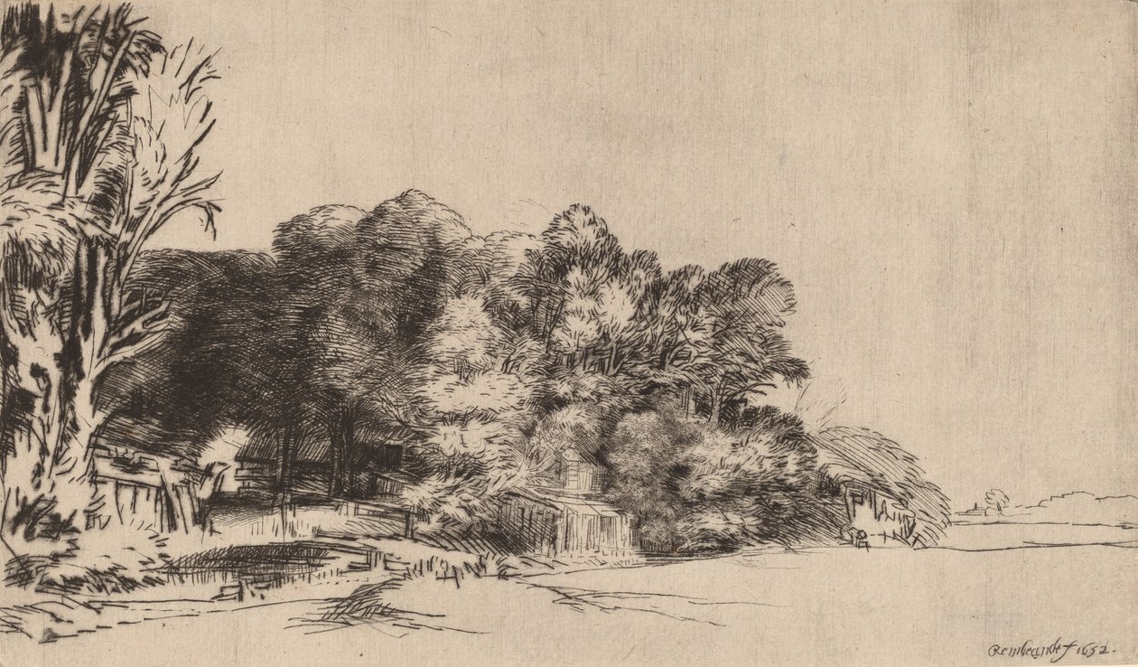 Trädklump med utsikt, 1652. av Rembrandt van Rijn