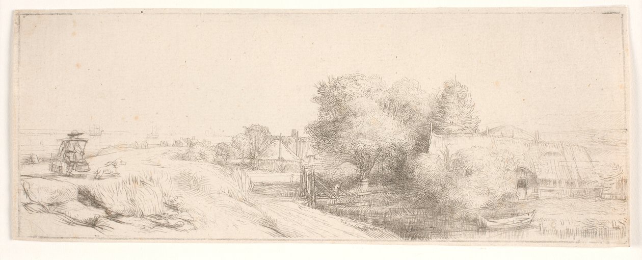Provtryck av ”Landskap med mjölkbudet” av Rembrandt van Rijn
