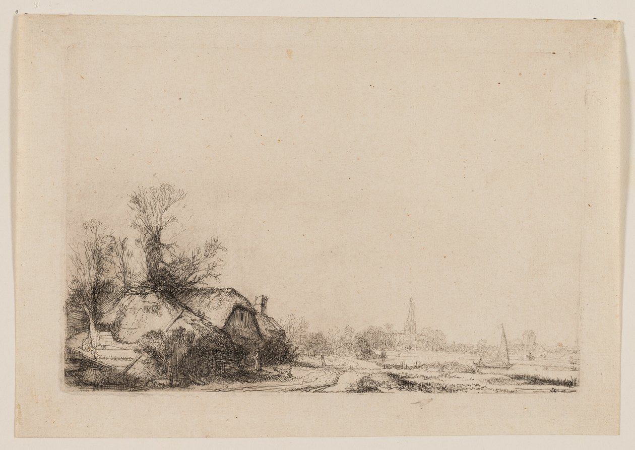Stuga bredvid en kanal med utsikt över Ouderkerk av Rembrandt van Rijn