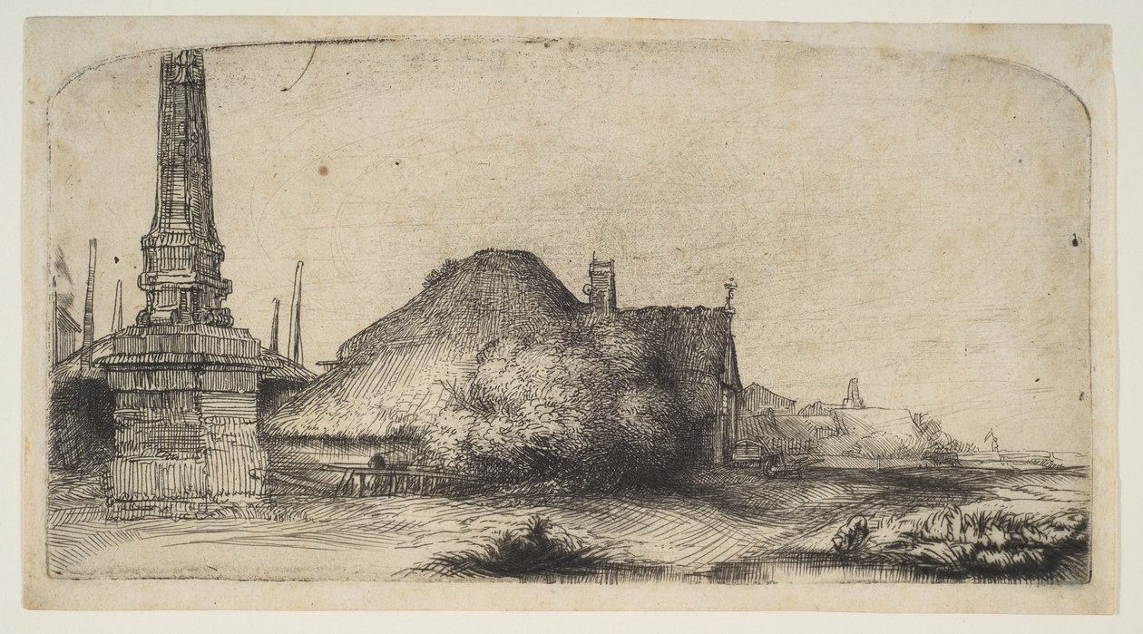 Stuga och gränspost på Spaarndammerdijk LObelisque, ca 1650. av Rembrandt van Rijn