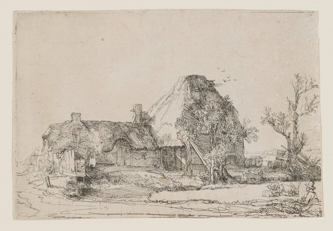 Stuga och lantbruksbyggnader med en man som tecknar av Rembrandt van Rijn