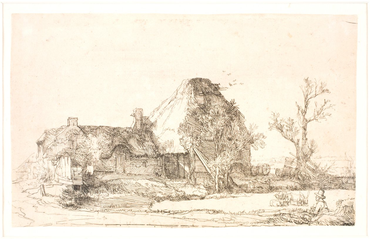 Stuga och gårdsbyggnader med en man som skissar av Rembrandt van Rijn