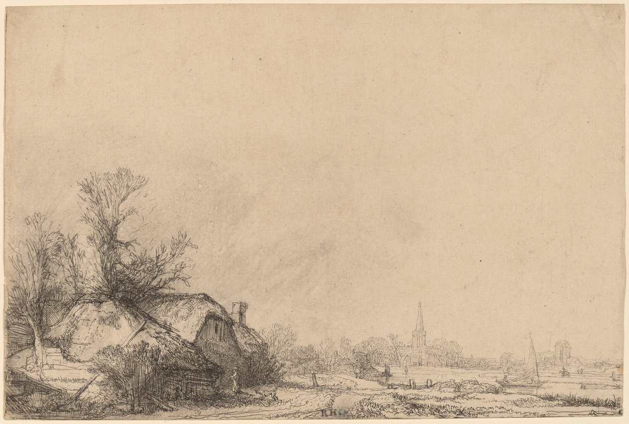Stuga bredvid en kanal av Rembrandt van Rijn