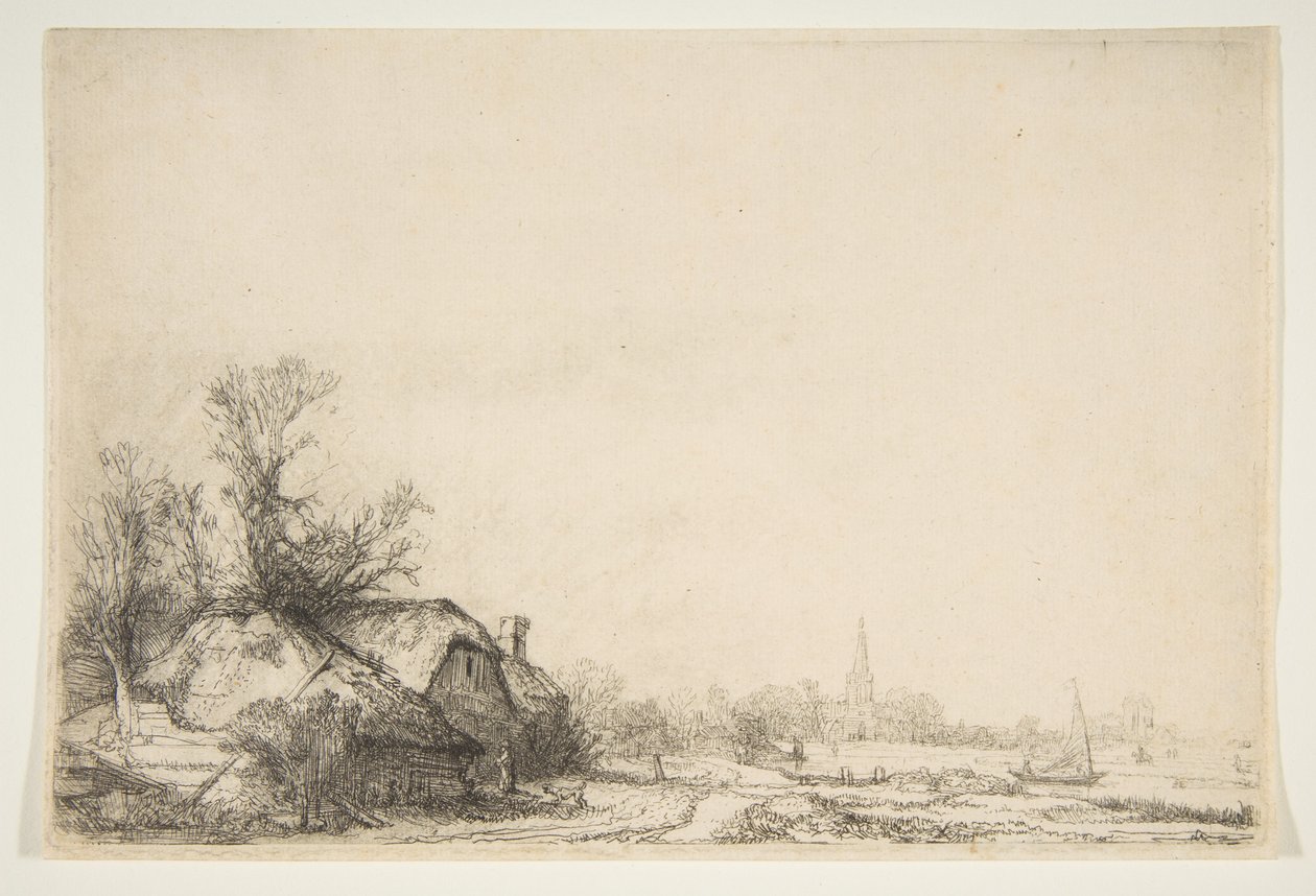 Stuga bredvid en kanal med utsikt över Ouderkerk, ca. 1641. av Rembrandt van Rijn