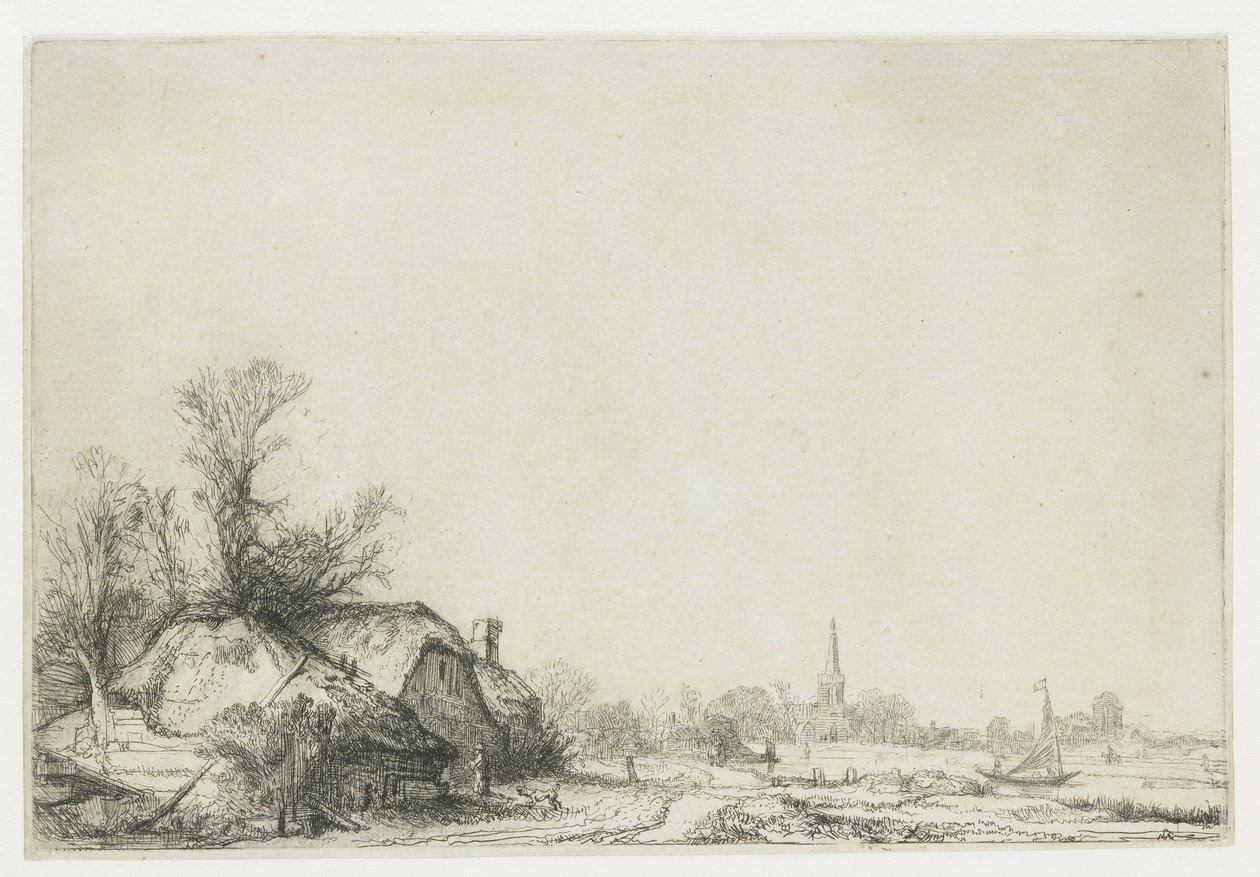 Stuga bredvid en kanal med utsikt över Ouderkerk av Rembrandt van Rijn