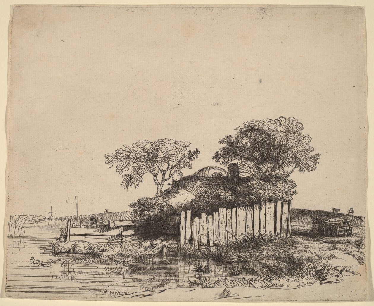 Stuga med vit staketvägg av Rembrandt van Rijn