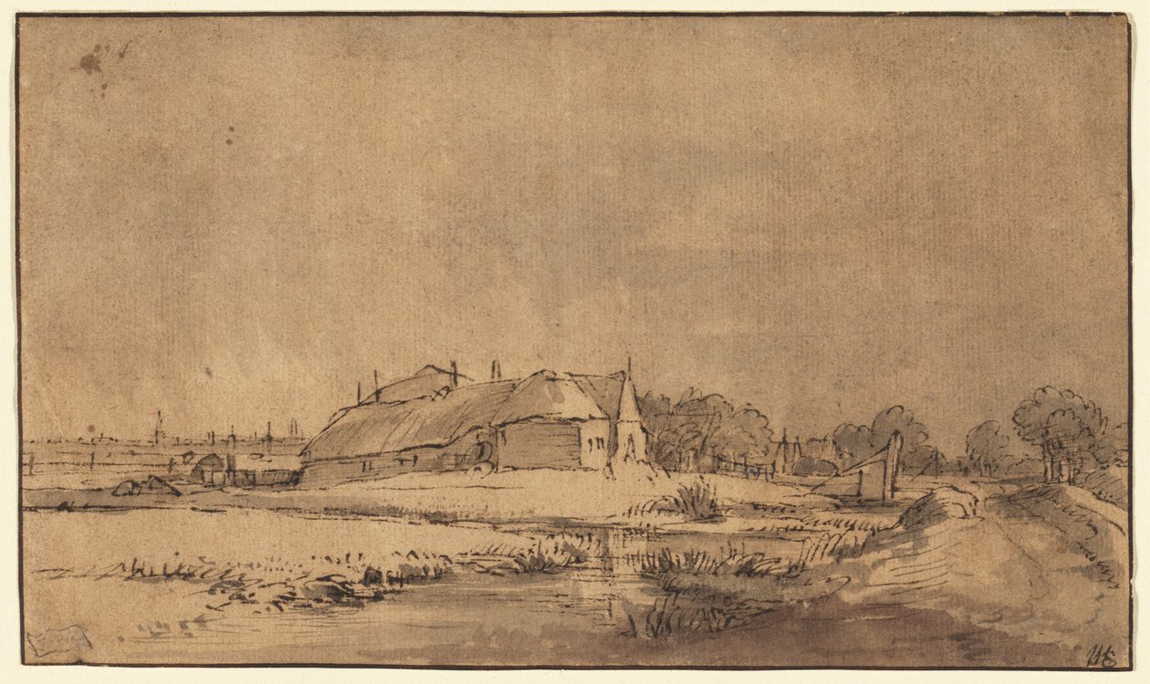 Stugor och lada bredvid en väg av Rembrandt van Rijn