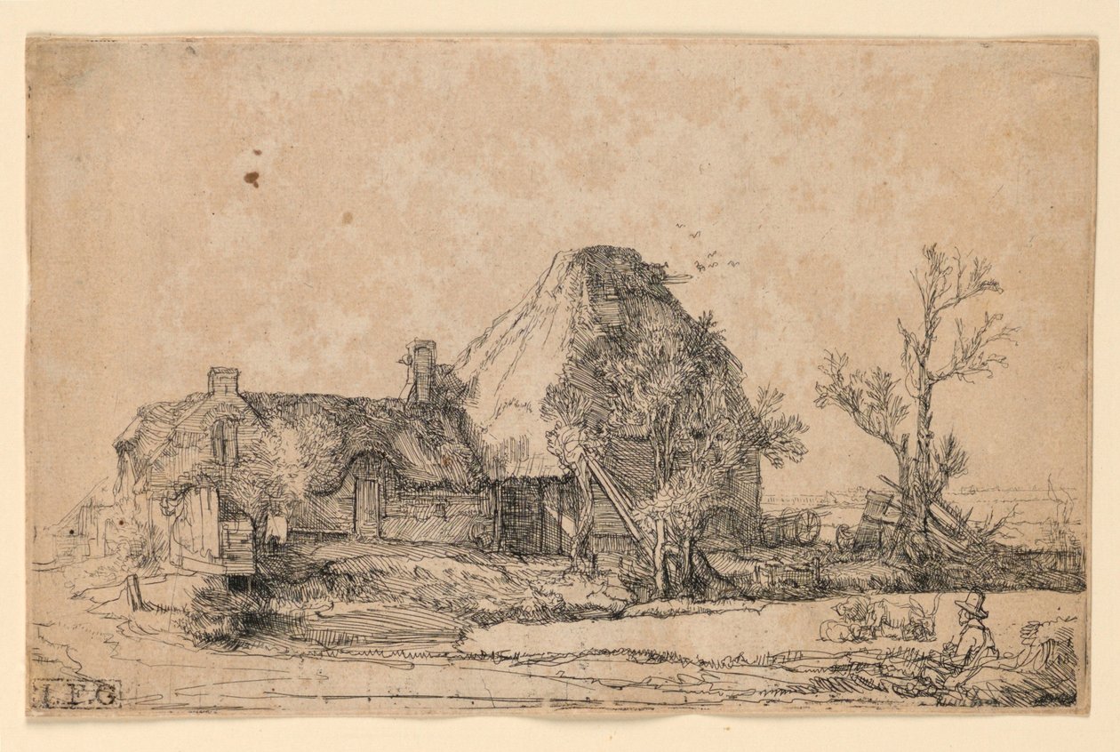 Stugor och gårdsbyggnad med en man som skissar av Rembrandt van Rijn