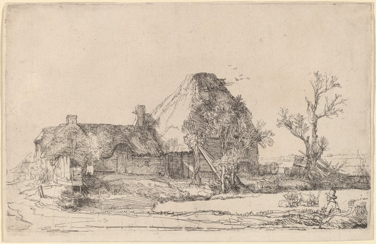 Stugor och gårdsbyggnader med en man som skissar av Rembrandt van Rijn