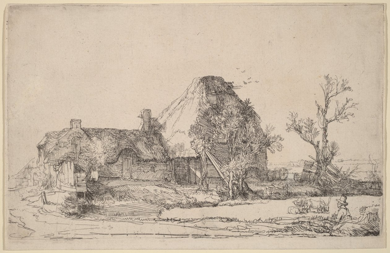 Stugor och gårdsbyggnader med en man som tecknar av Rembrandt van Rijn