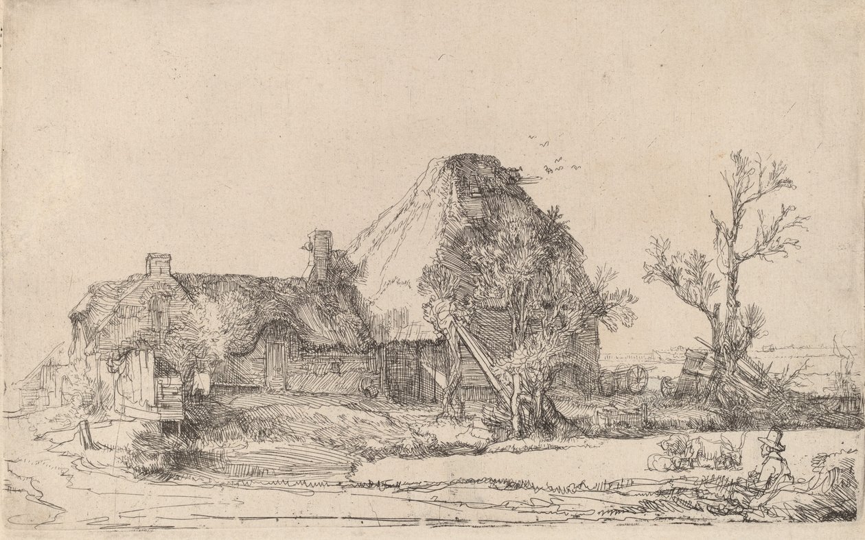 Stugor och gårdsbyggnader med en man som skissar, ca. 1645. av Rembrandt van Rijn