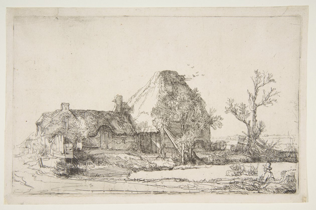 Stugor och gårdsbyggnader med en man som skissar, ca. 1645. av Rembrandt van Rijn