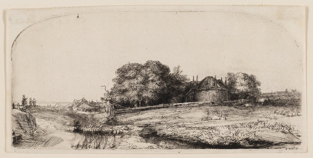 Stugor och en hölada på Diemerdijk med en fårflock av Rembrandt van Rijn
