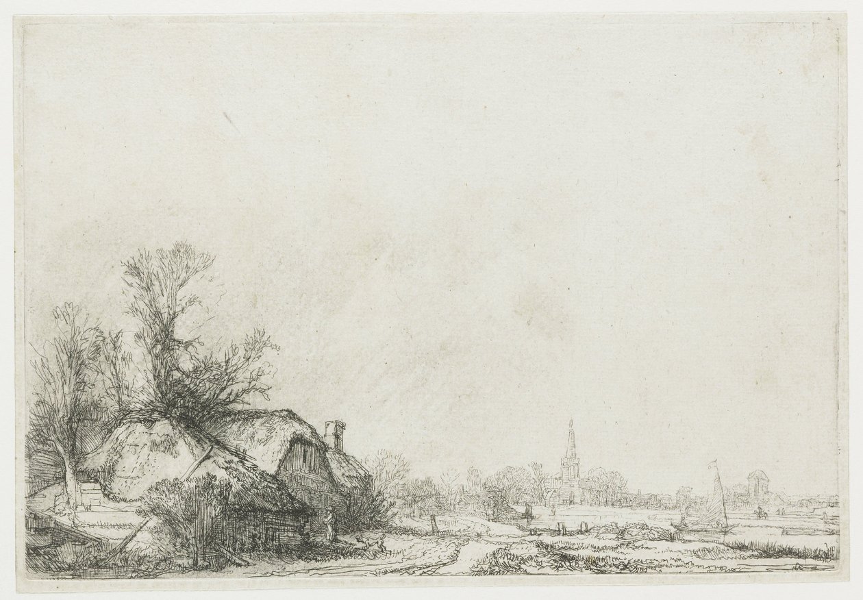 Stugor vid en kanal: Utsikt över Ouderkerk aan de Amstel av Rembrandt van Rijn