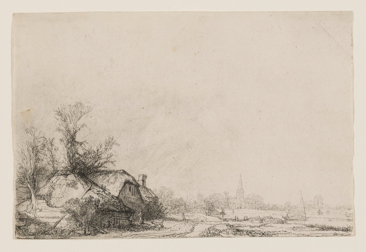 Stugor vid en kanal med en kyrka och en segelbåt av Rembrandt van Rijn