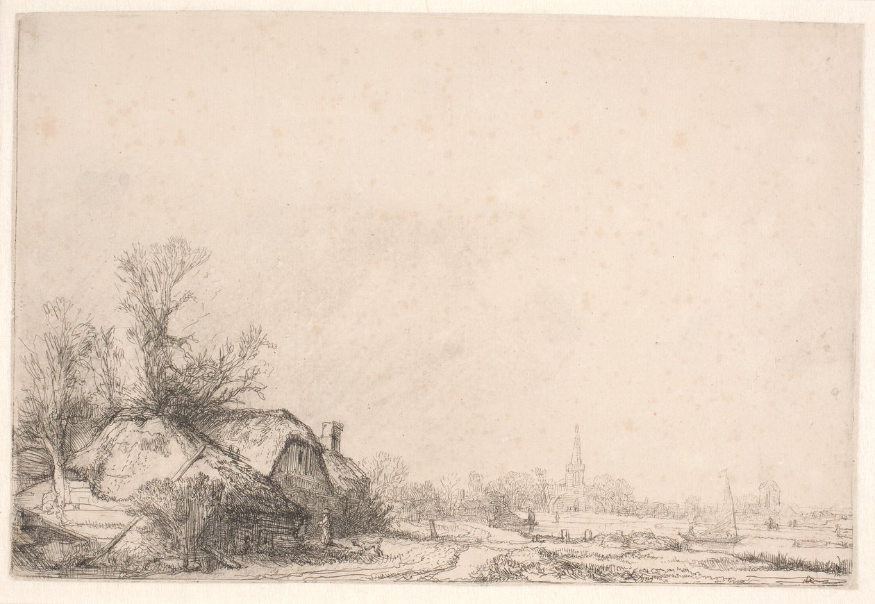Stugor vid en kanal: med en kyrka och en segelbåt av Rembrandt van Rijn