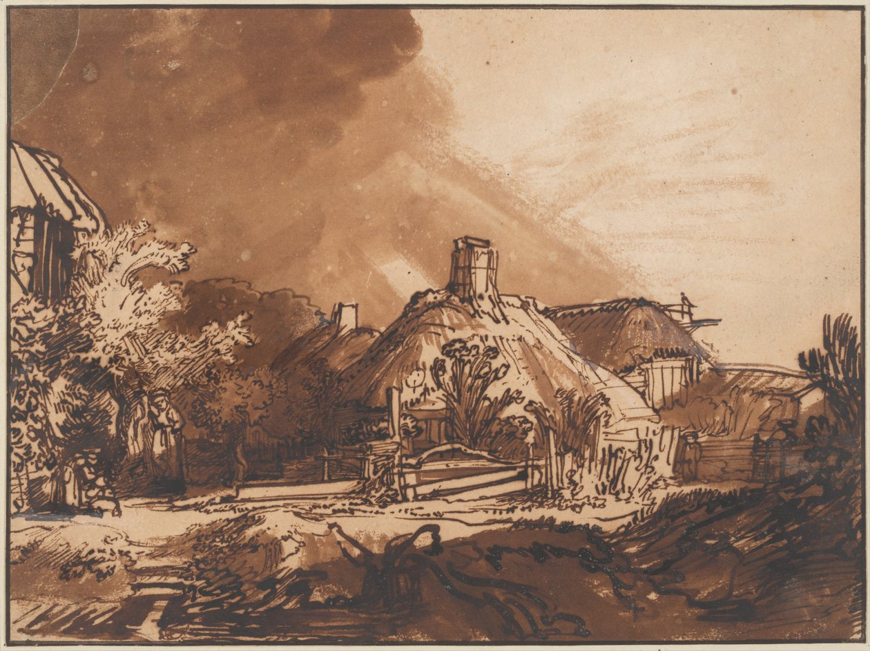 Stugor under en stormig himmel, ca. 1640 av Rembrandt van Rijn