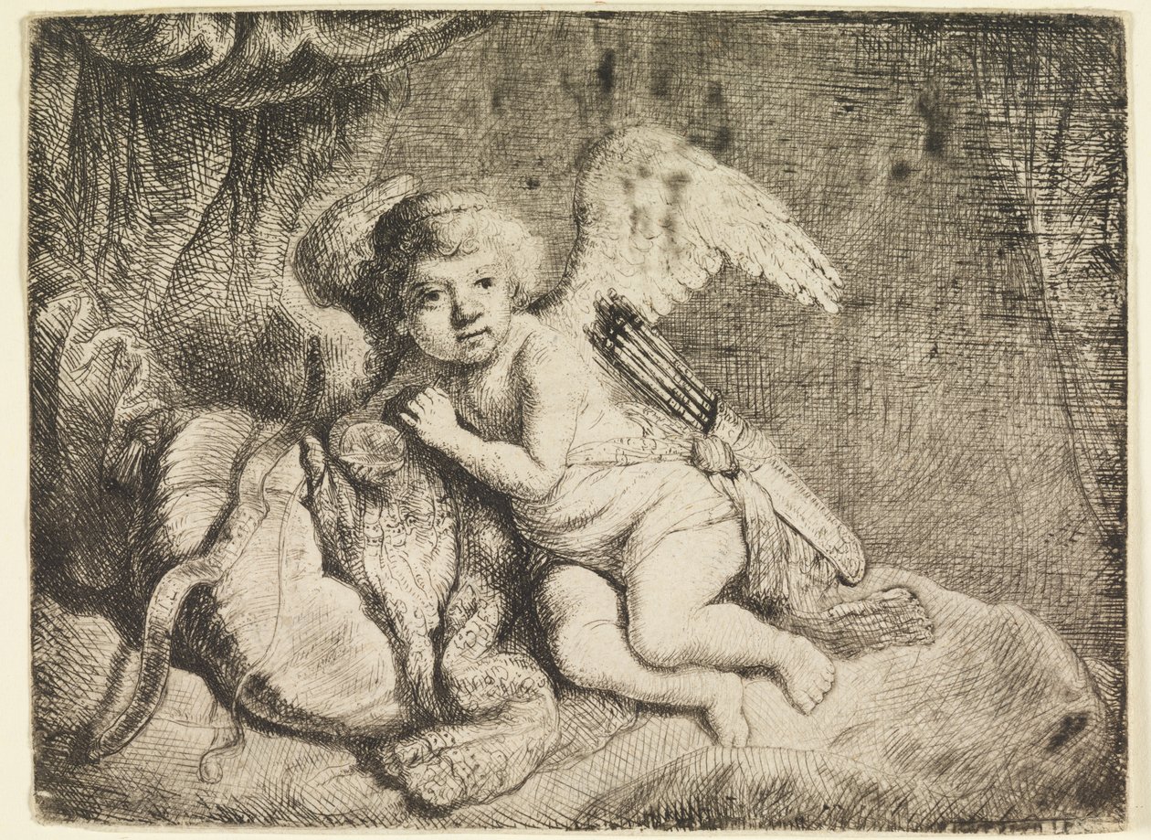 Cupid Resting, efter en målning som tidigare tillskrivits Rembrandt av Rembrandt van Rijn