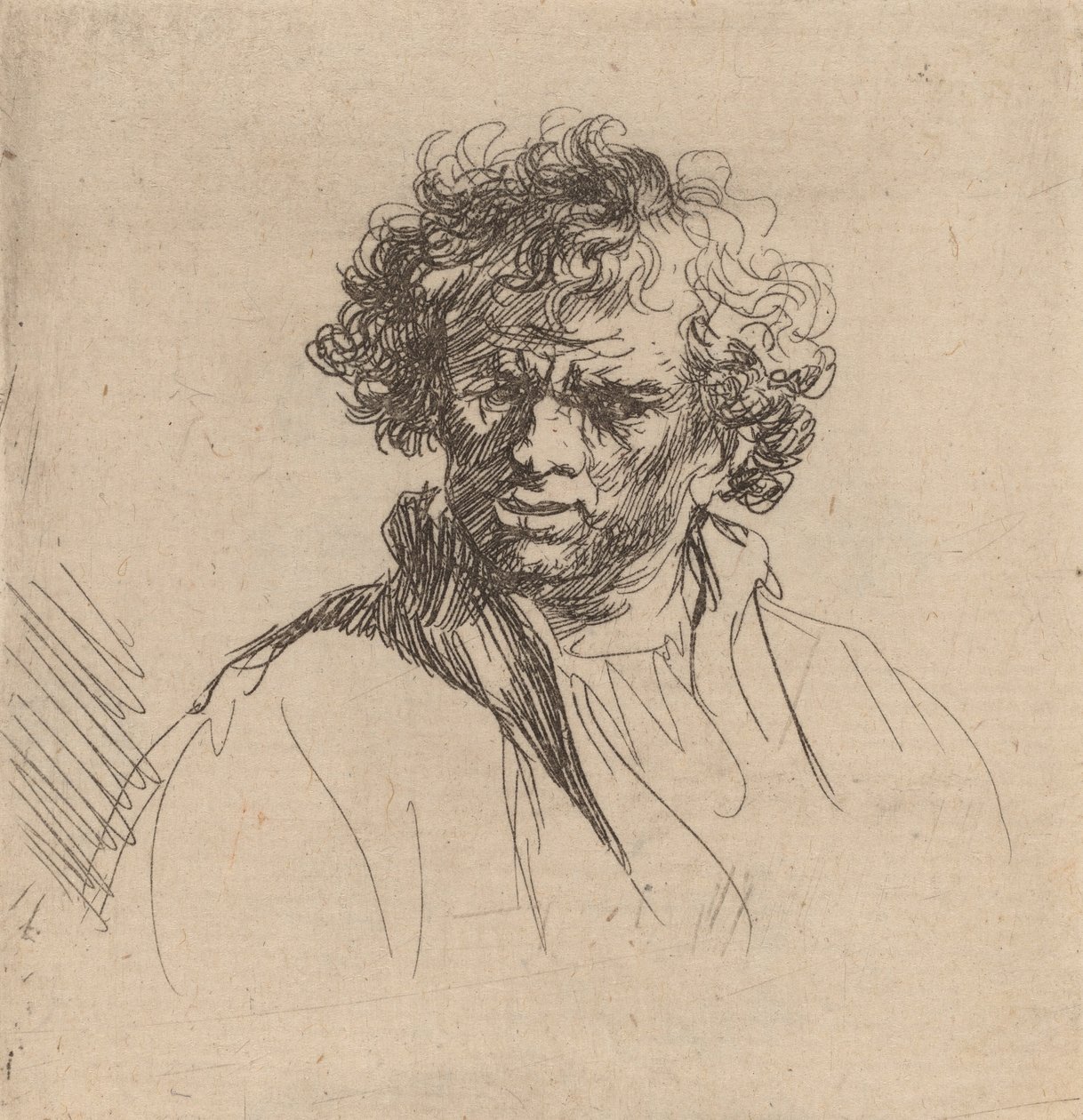 Man med lockigt huvud med sned mun, ca. 1635. av Rembrandt van Rijn