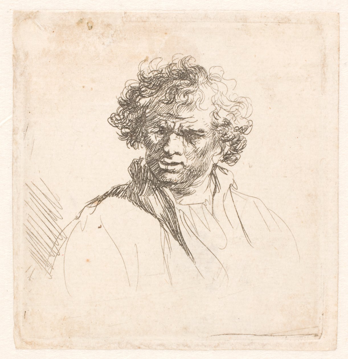 Man med lockigt huvud med snett mun av Rembrandt van Rijn