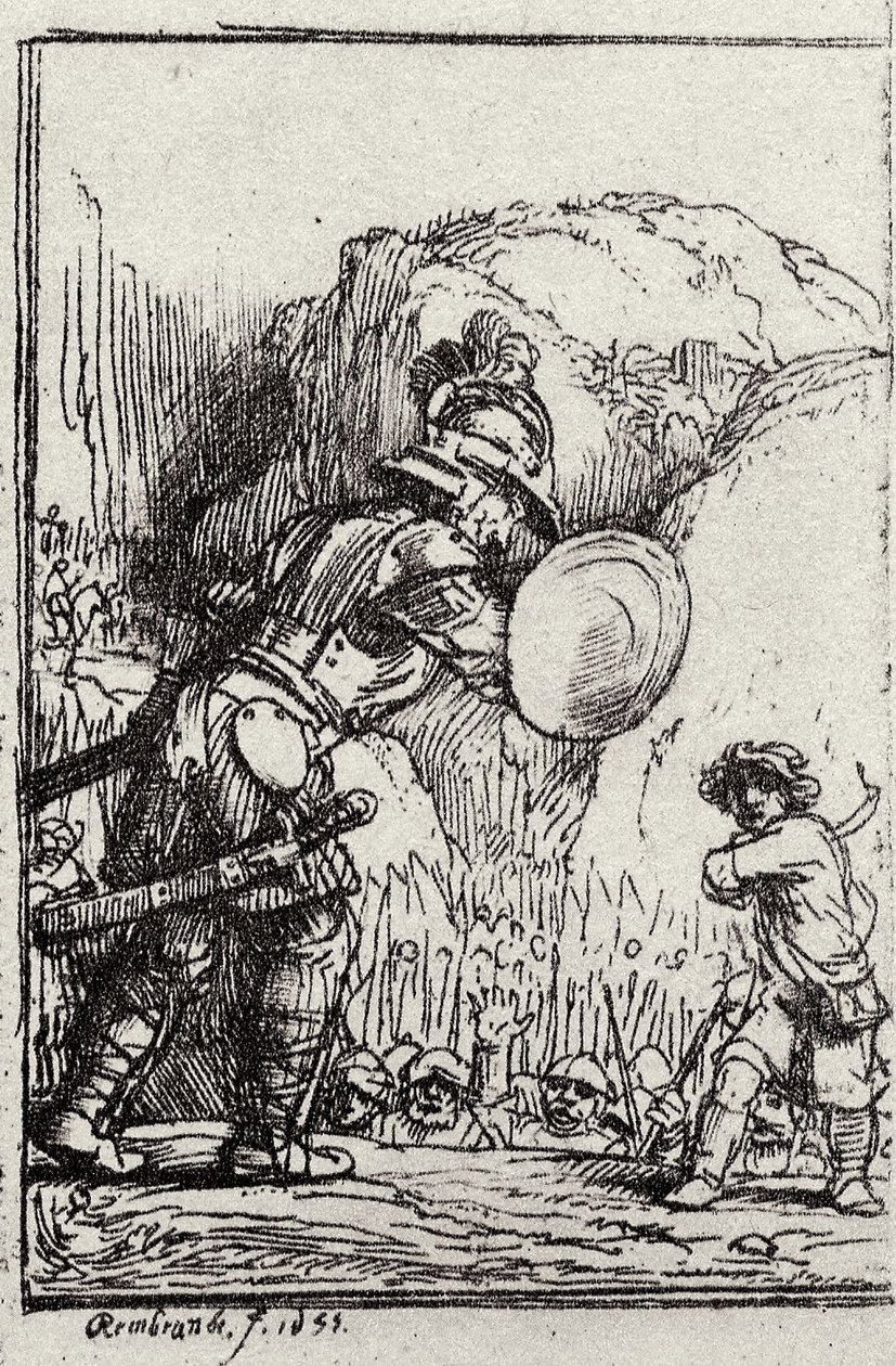 David och Goliat. Illustration för Piedra gloriosa av Menasseh ben Israel av Rembrandt van Rijn