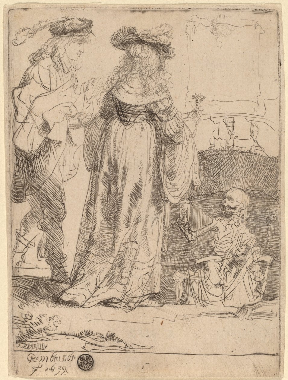 Döden dyker upp för ett gift par från en öppen grav av Rembrandt van Rijn