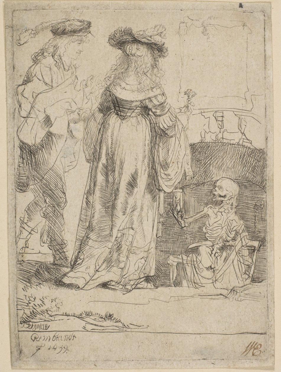 Döden dyker upp för ett gift par från en öppen grav, 1639. av Rembrandt van Rijn