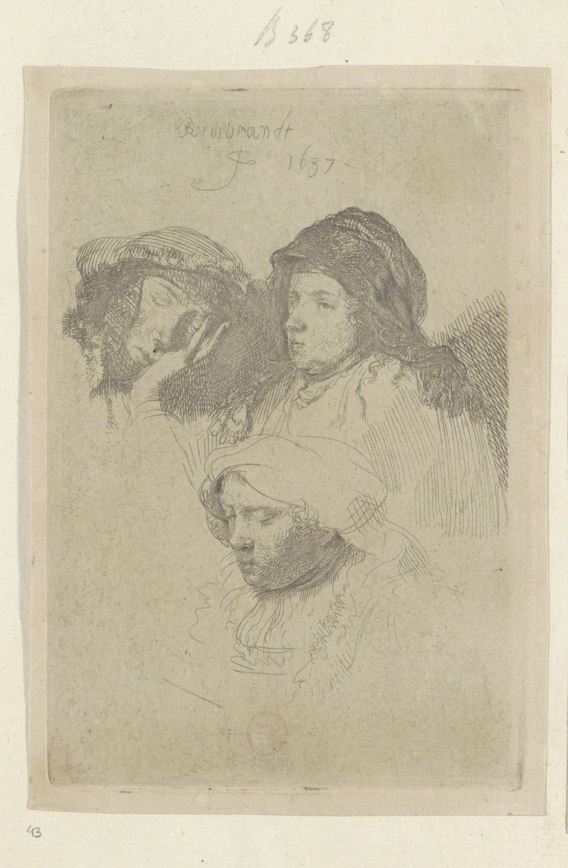 Tre kvinnliga huvuden, ett sover Recueil de quatre-vingt-cinq estampes originales (serietitel) av Rembrandt van Rijn