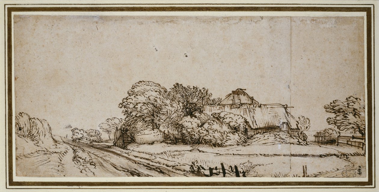 Gårdsbyggnader bredvid en väg (penna och brunt bläck med brun tvätt) av Rembrandt van Rijn