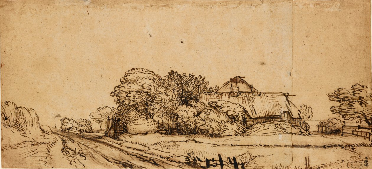 Gårdsbyggnader bredvid en väg, mitten av 1600-talet, av Rembrandt van Rijn