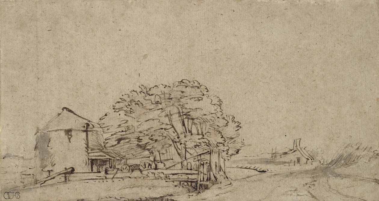 Gårdsbyggnad bredvid en väg med avlägsen bondgård, 1650-69 (penna & brunt bläck med grått på papper) av Rembrandt van Rijn