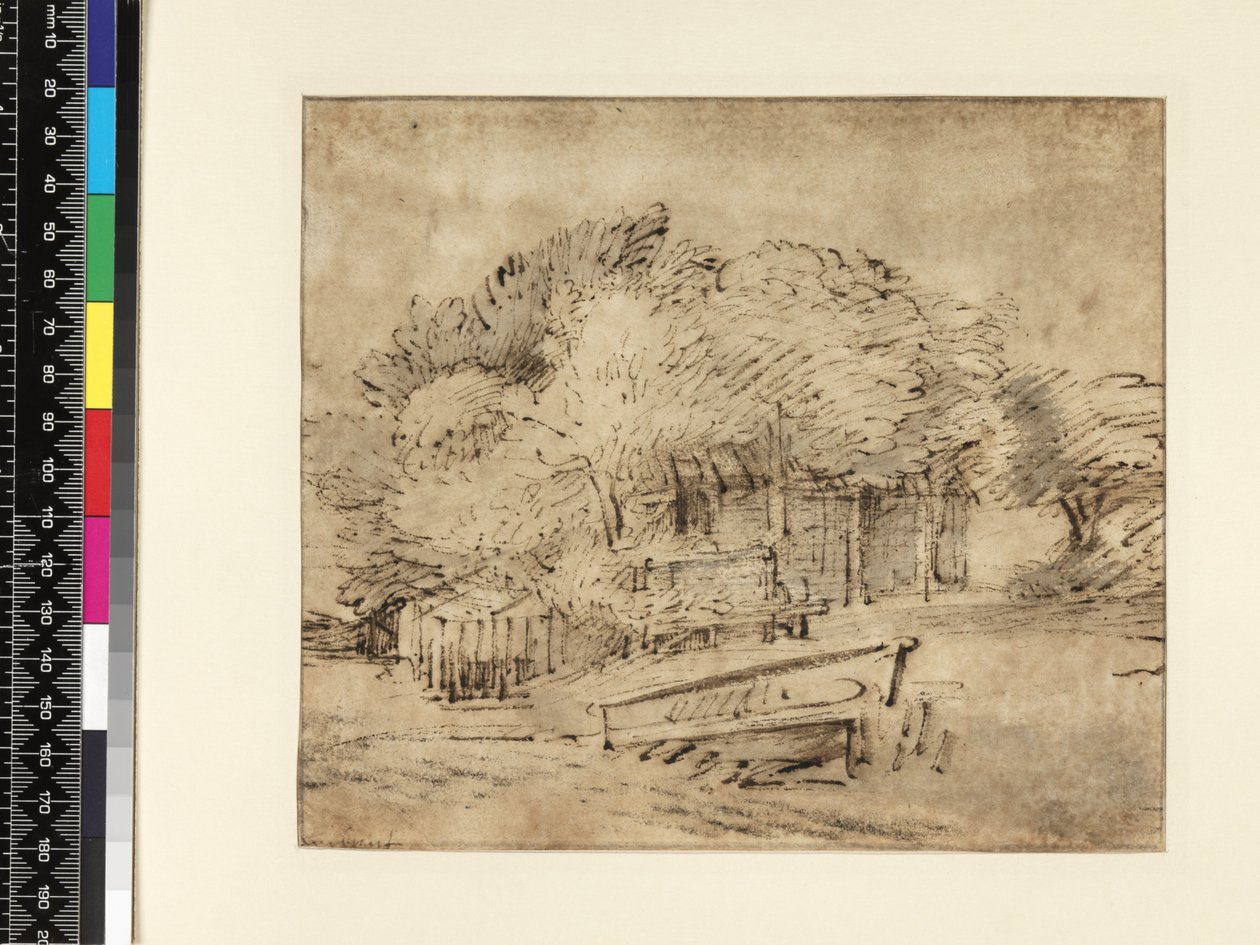 Bondgård under träd, med en gångbro, ca 1650 (penna och bläck med tvätt på papper) av Rembrandt van Rijn